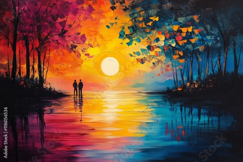 Vibrant sunset over a tranquil lake surrounded by silhouettes of mountains an...