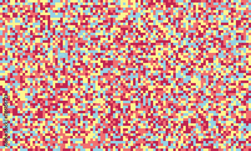 Vibrant pixel art background with a random arrangement of squares in pastel red, yellow, and blue hues.