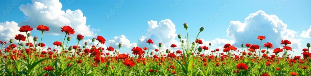 Field of black cumin sativa flowers against a clear blue sky with fluffy white clouds, landscape, garden, wildflowers Field of black cumin sativa flowers against a clear blue sky with fluffy white clouds, landscape, garden, wildflowers