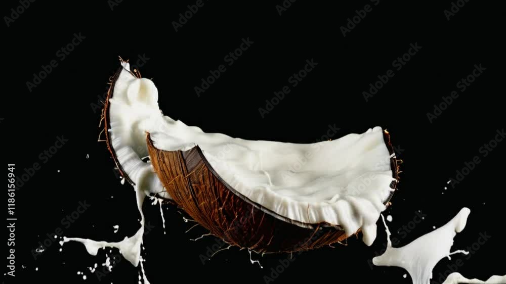 Coconut milk splash with half coconut. Vivid, creamy coconut milk splash, ideal for captivating, engaging advertisements. Perfect for promoting dairy alternatives and tropical themes. 