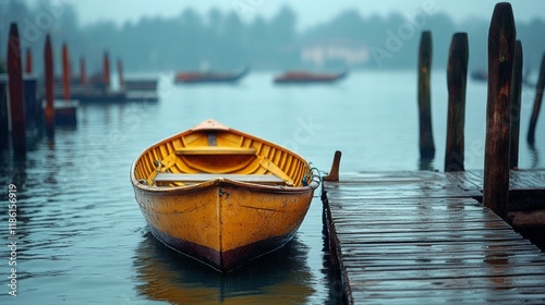 Old blue wooden boat resting on a dock beside calm water in a serene natural ...