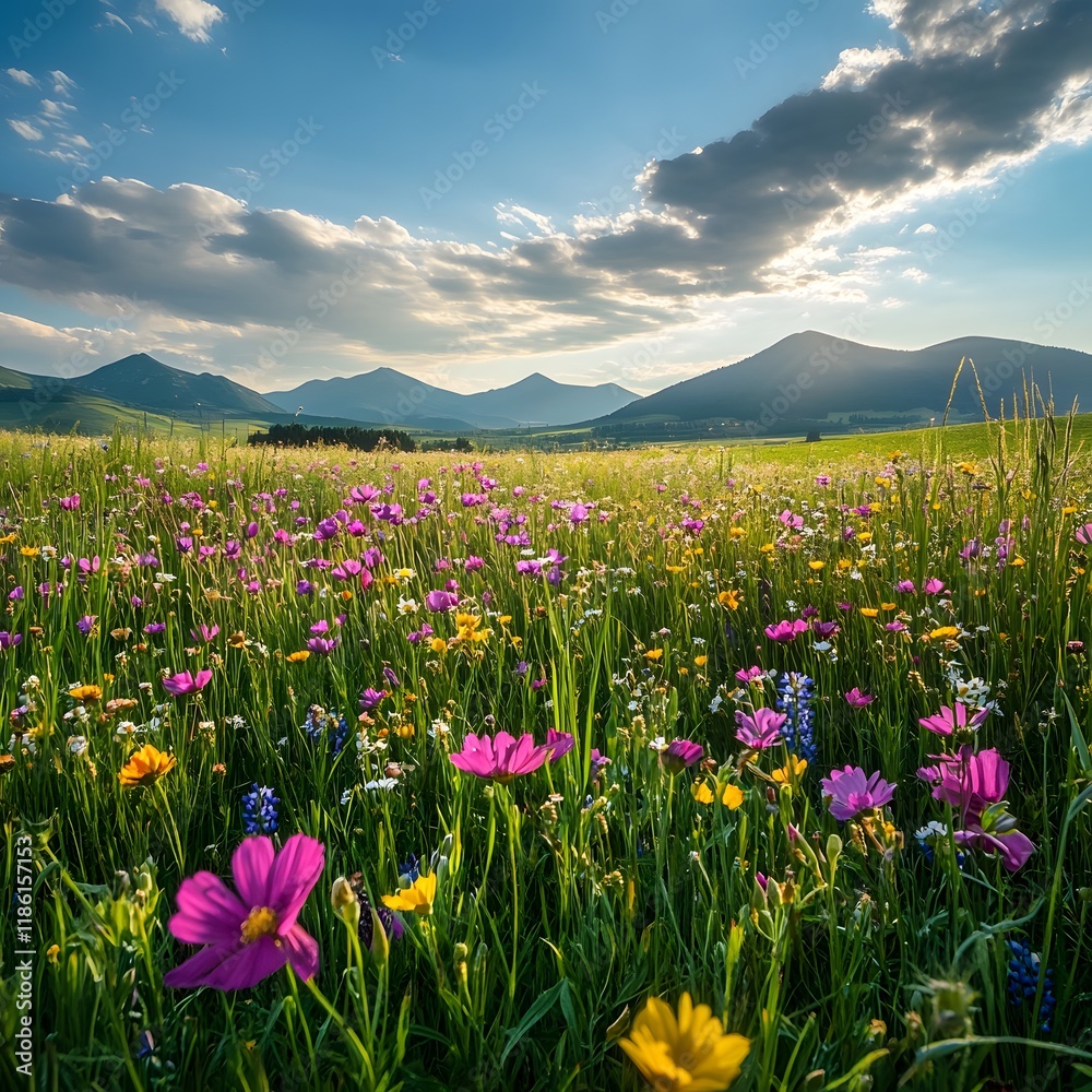 Colorful Wildflower Meadow with Snow-Capped Mountains Under a Partly Cloudy Sky Colorful Wildflower Meadow with Snow-Capped Mountains Under a Partly Cloudy Sky
