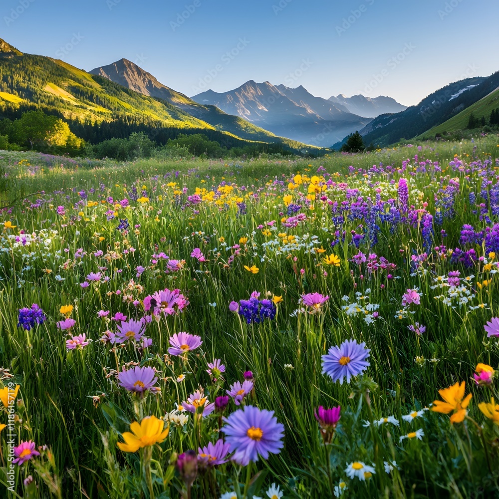 Colorful Wildflower Meadow with Snow-Capped Mountains Under a Partly Cloudy Sky Colorful Wildflower Meadow with Snow-Capped Mountains Under a Partly Cloudy Sky
