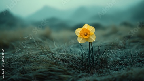 Single yellow daffodil stands out in a vast green landscape under a cloudy sky