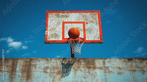 Basketball soaring over a concrete wall under a clear blue sky during midday