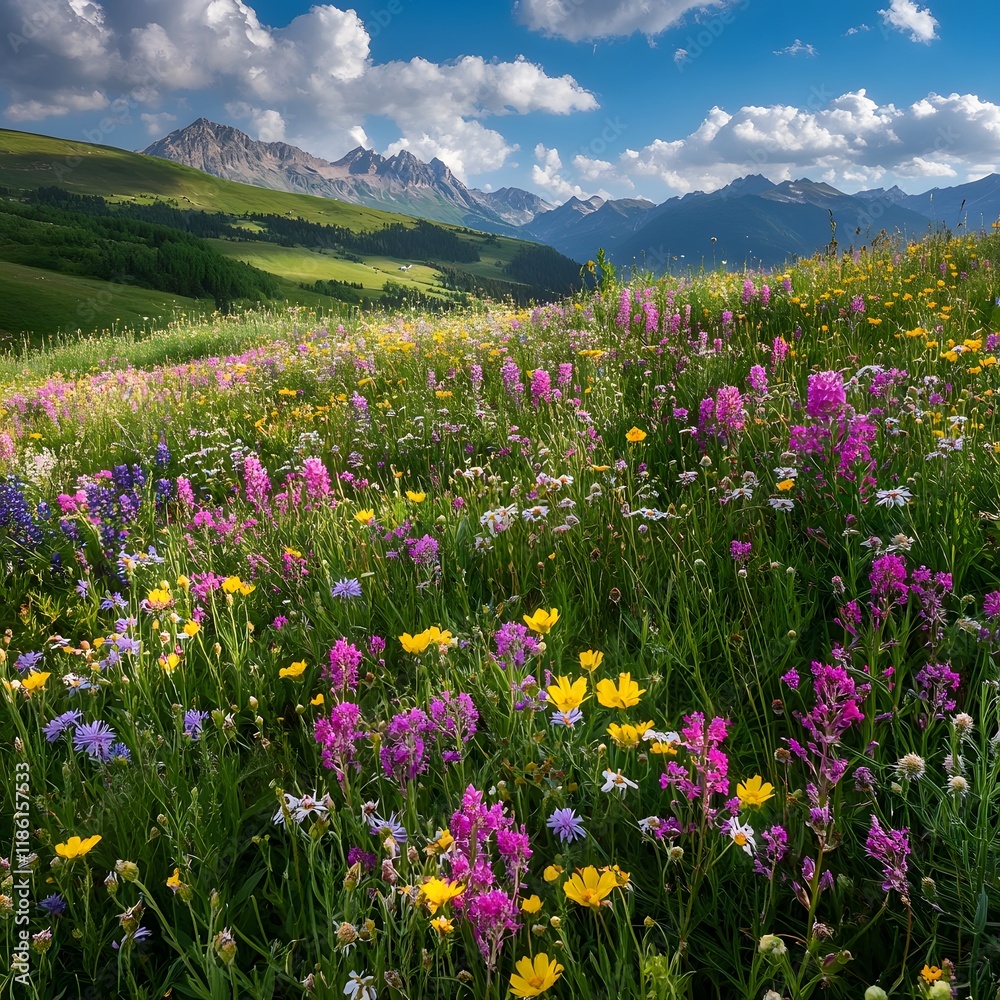 Fototapeta premium Colorful Wildflower Meadow with Snow-Capped Mountains Under a Partly Cloudy Sky