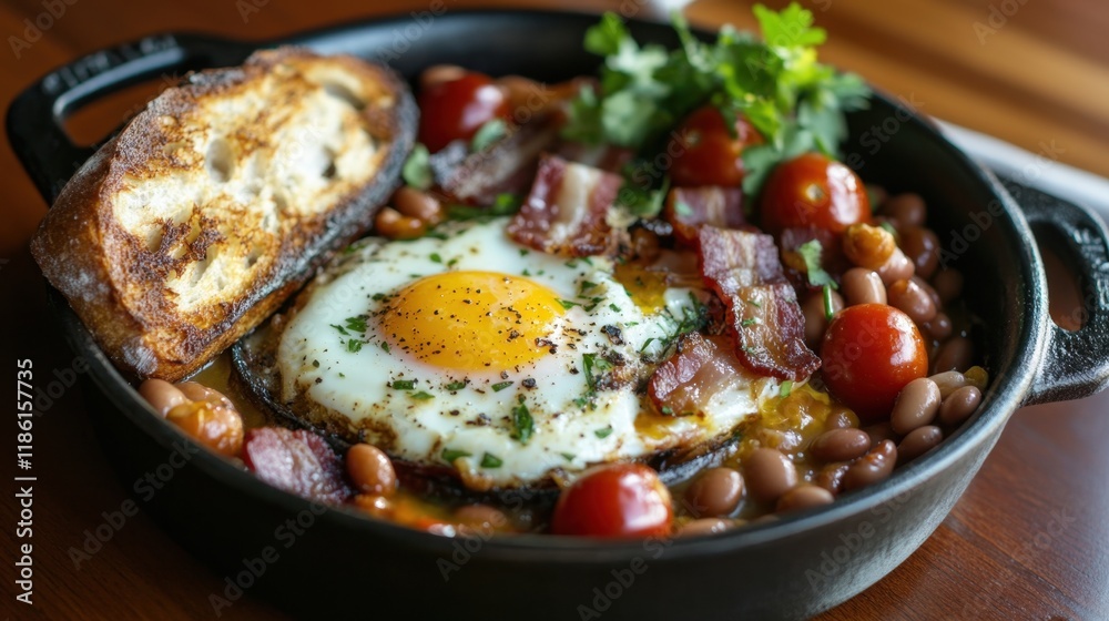 Delicious Breakfast Bowl with Eggs, Bacon, Beans, and Tomatoes