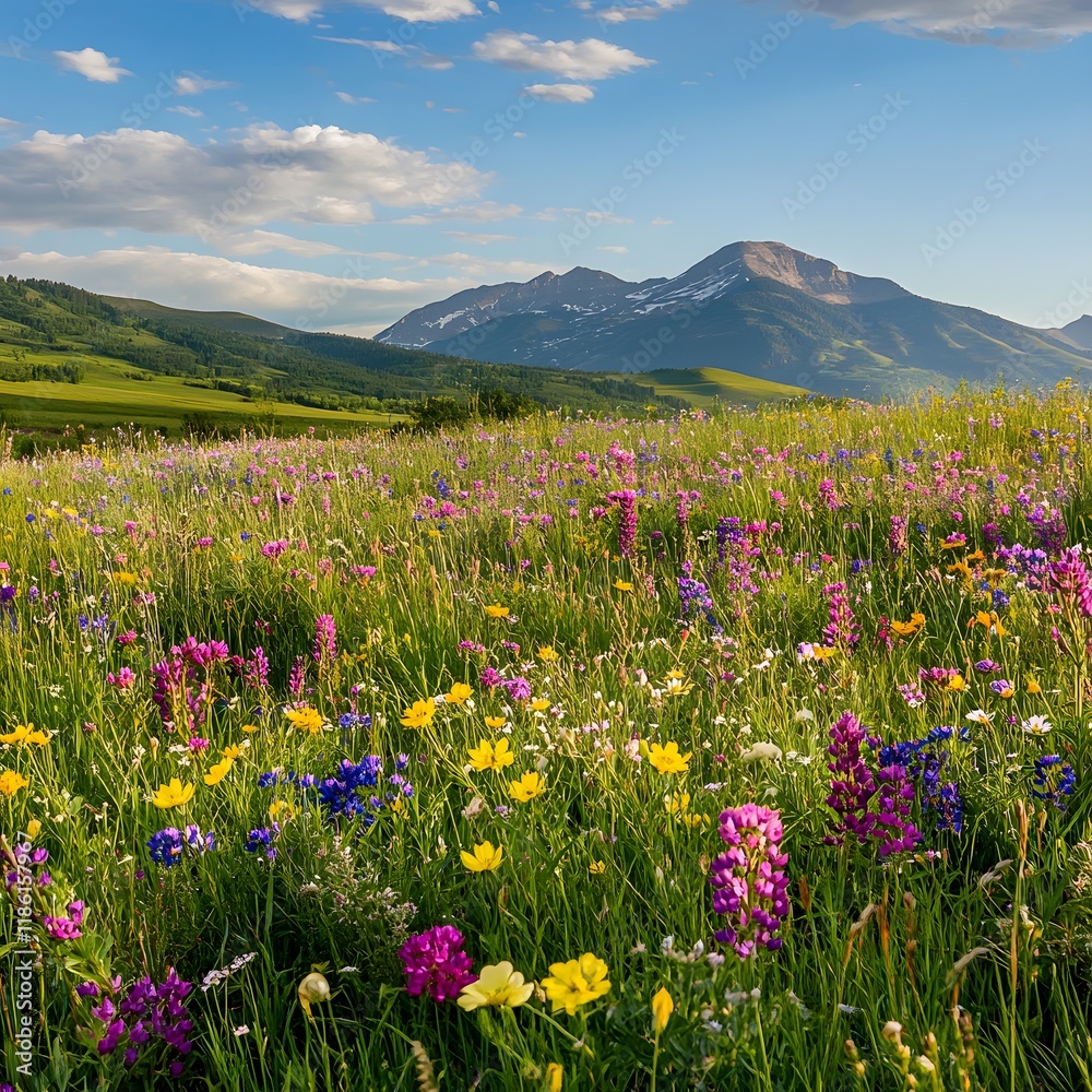 Vibrant Wildflower Field with Mountain Backdrop and Scattered Clouds Vibrant Wildflower Field with Mountain Backdrop and Scattered Clouds