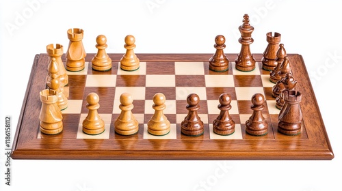 Chessboard with pieces arranged for a game in progress. photo