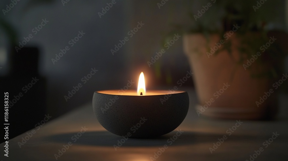 Lit gray candle in a bowl-shaped container on a table at night. Lit gray candle in a bowl-shaped container on a table at night.
