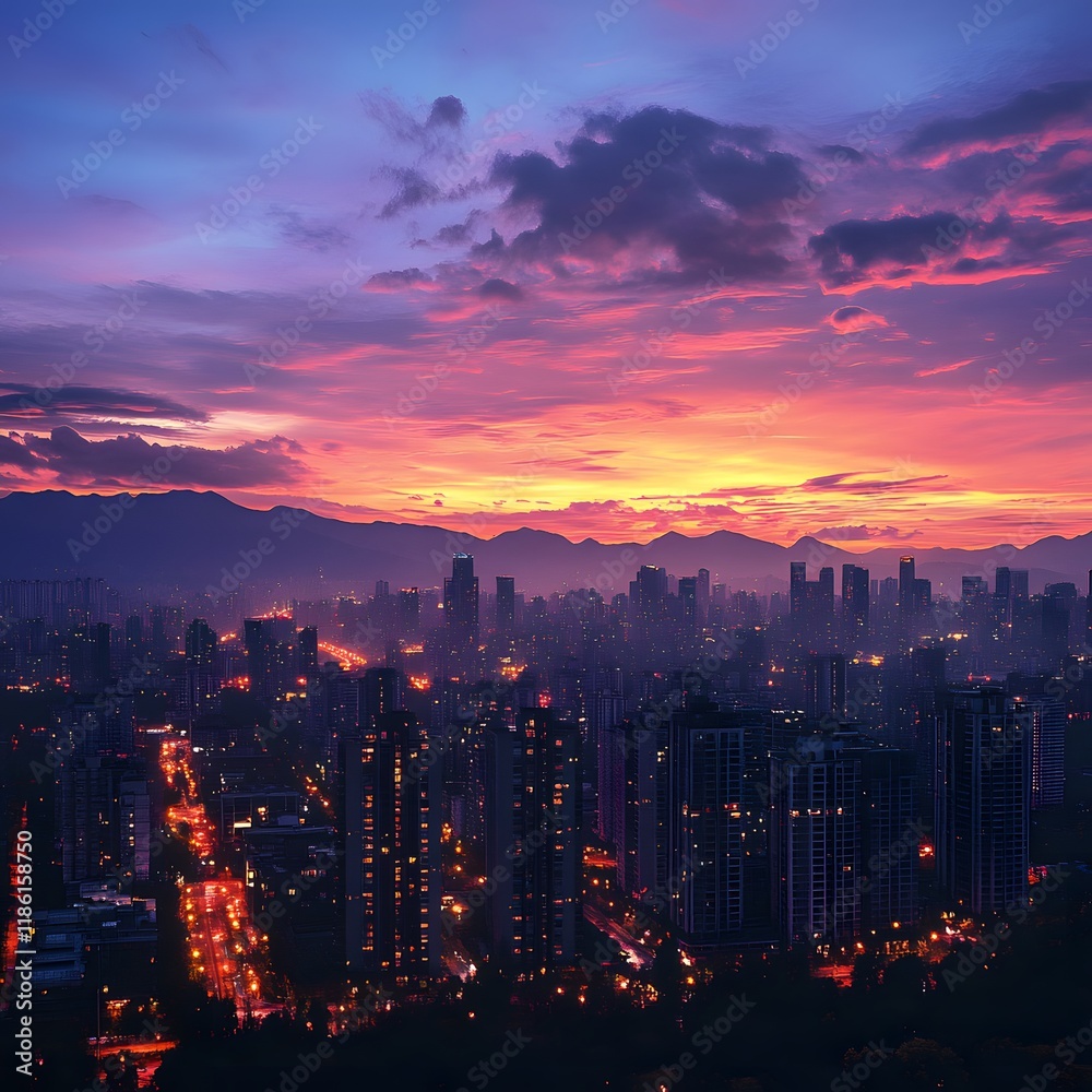 Obraz premium Vibrant Sunset Over Iconic City Skyline