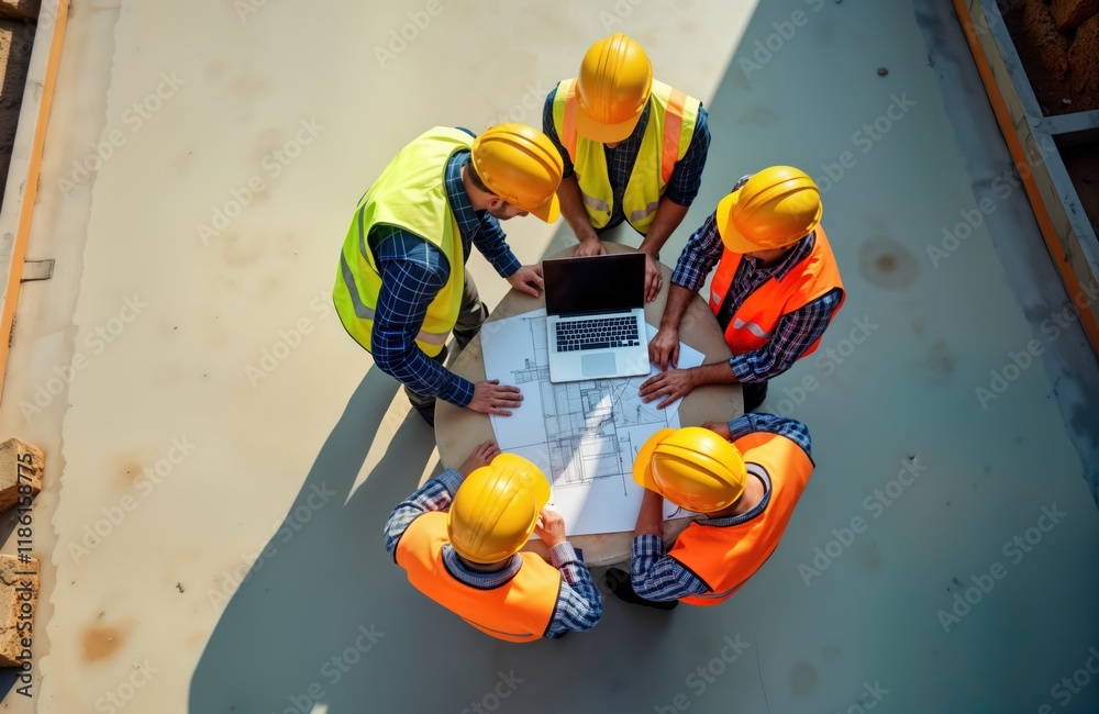 custom made wallpaper toronto digitalConstruction site team gathers around laptop, blueprints. Engineers review project plans. Teamwork, discussion happen at workplace. Professionals in safety vests, hard hats. Project progress, site