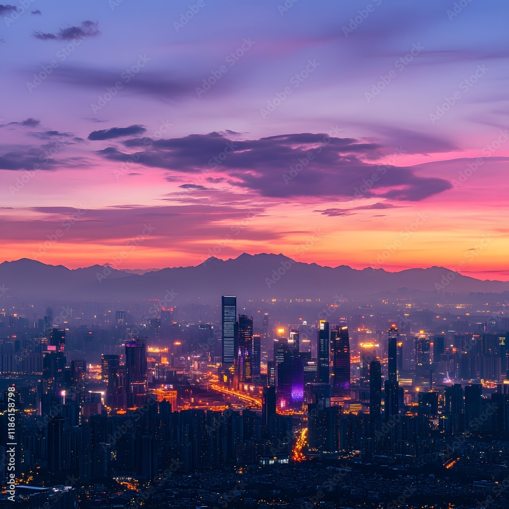 Fototapeta premium Vibrant Sunset Over Iconic City Skyline