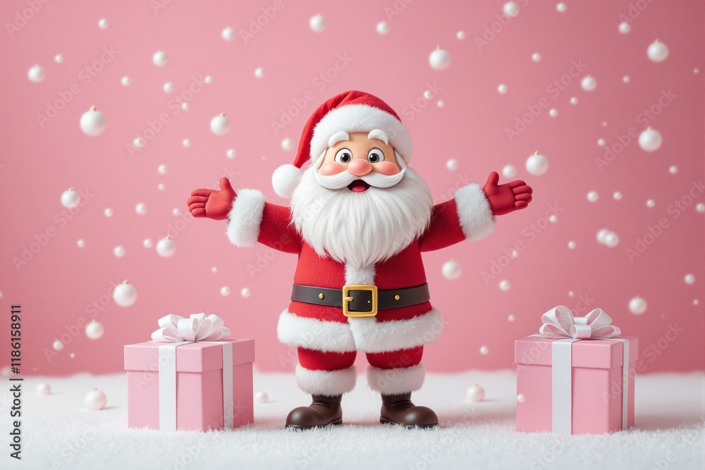 Cheerful Santa Claus with open arms, surrounded by falling ornaments and wrapped gift boxes on a snowy surface, pink background. Christmas concept. Ai generative. Cheerful Santa Claus with open arms, surrounded by falling ornaments and wrapped gift boxes on a snowy surface, pink background. Christmas concept. Ai generative.