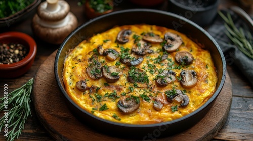 Delicious omelette with fresh herbs and cherry tomatoes served on a black plate