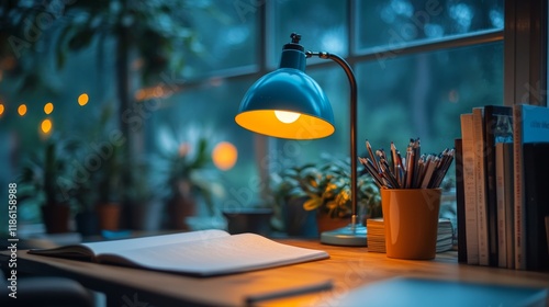 Cozy study corner with warm lighting and green plants in the evening
