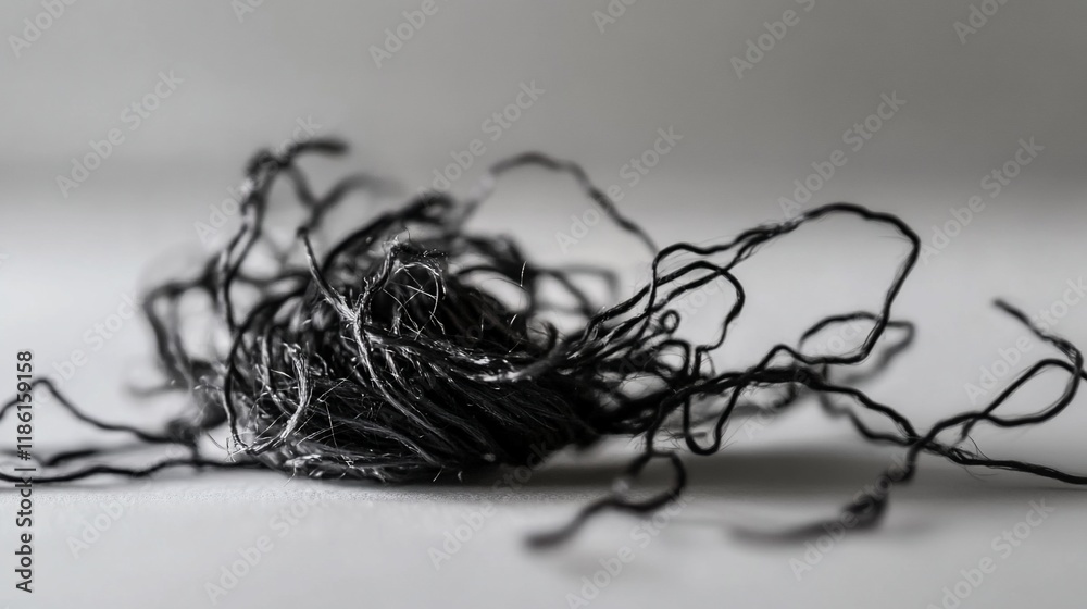 Close-up of tangled, dark gray fibers on white background. Close-up of tangled, dark gray fibers on white background.