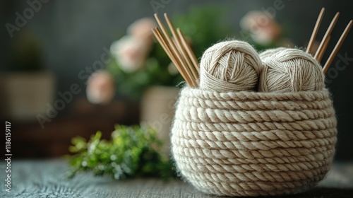 Cozy knitting setup with natural yarn and tools on wooden shelves in a light ...