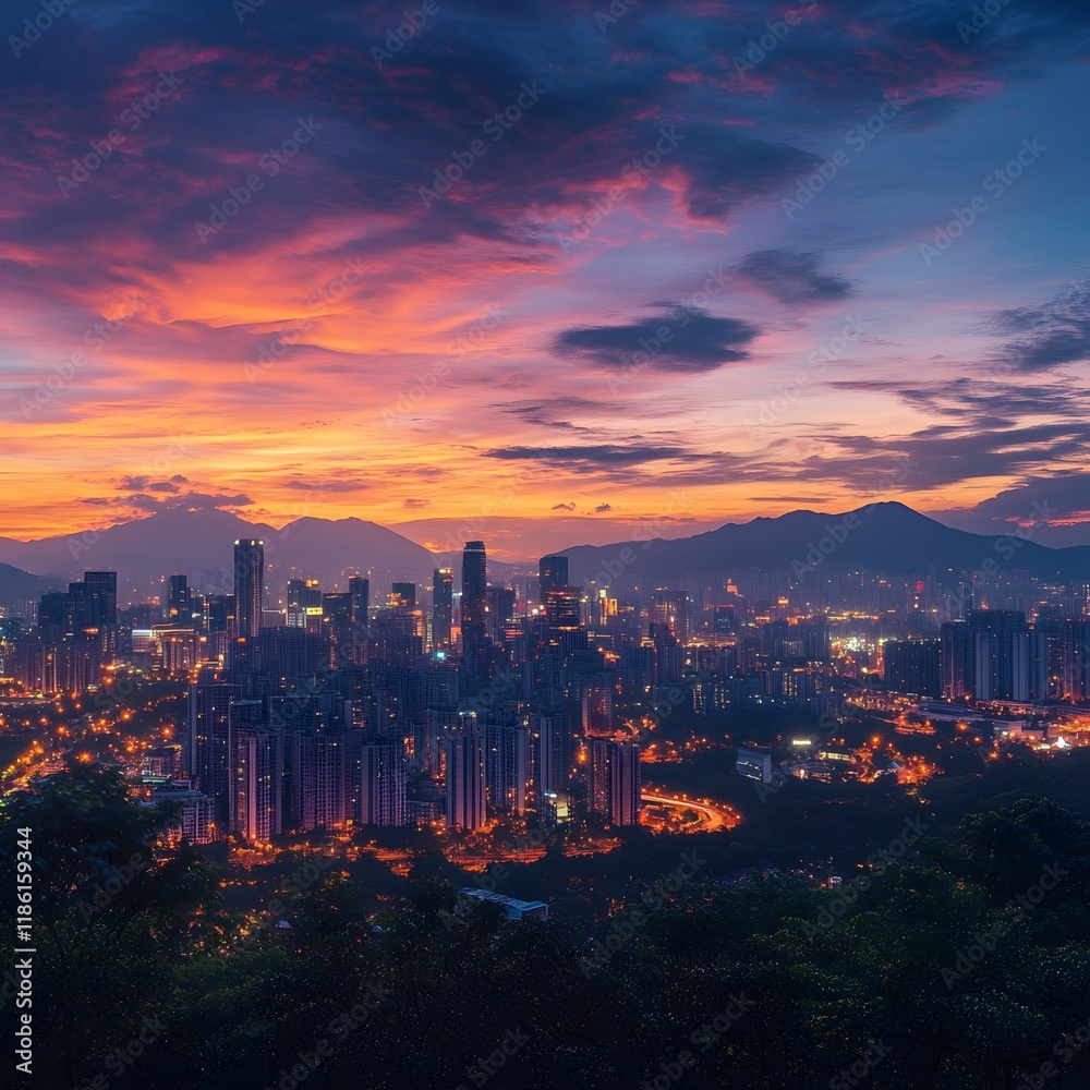 Fototapeta premium Vibrant Sunset Over Iconic City Skyline