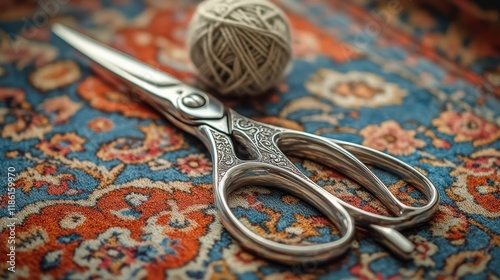 Soft white yarn balls and scissors on a light blue surface during a crafting ...