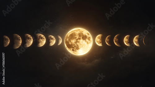 Glowing full moon surrounded by orbiting lunar phases