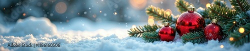 Golden red Christmas decorations and fir branches on an icy winter landscape, gold, firbranch