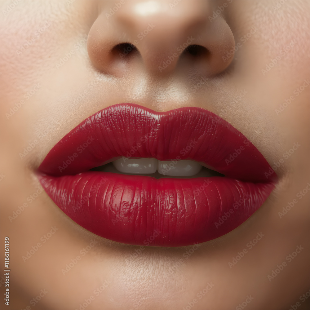 Close-Up of Young Woman's Beautiful Plump Lips with Nude Glossy Red Lipstick. Generative AI. Close-Up of Young Woman's Beautiful Plump Lips with Nude Glossy Red Lipstick. Generative AI.
