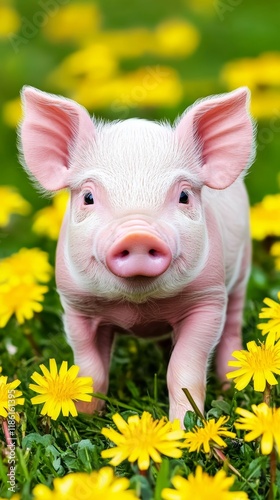 A baby piglet with rosy cheeks frolicking in a spring meadow filled with dandelions its tiny tail wagging in the sunlight for a cute spring moment  photo