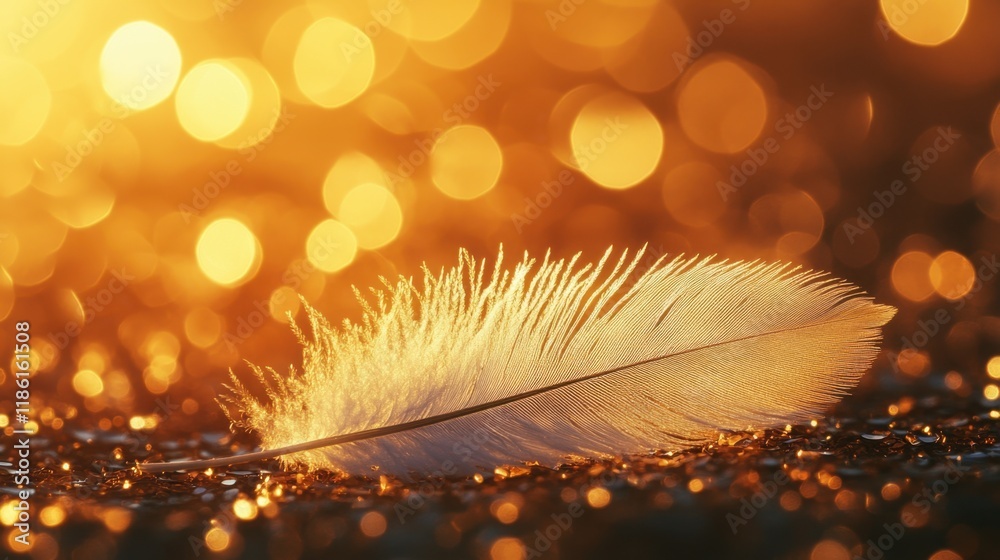 Soft White Feather on Glittering Gold Background with Bokeh Lights Soft White Feather on Glittering Gold Background with Bokeh Lights
