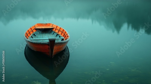 Misty lake with a solitary orange boat surrounded by calm water and fog