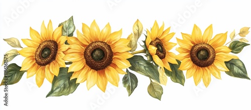 Watercolor painting of a sunflower garland with four large sunflowers and several smaller buds and leaves.