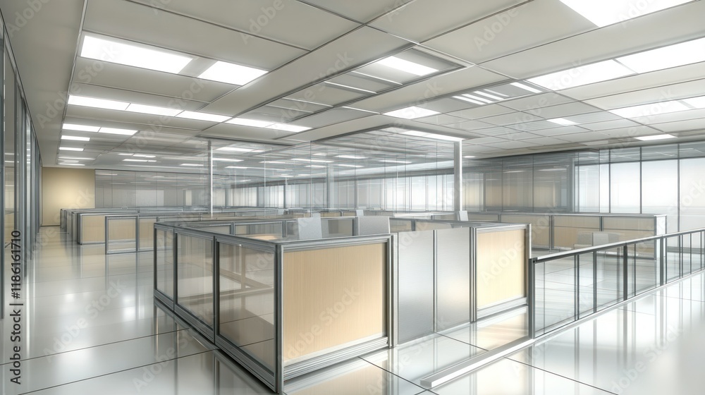 Modern office interior, empty cubicles, bright lighting, city view, corporate workspace