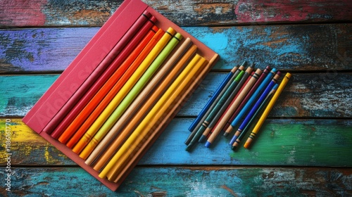 Colorful crayons and a blank sketchbook ready for creative expression in an a...