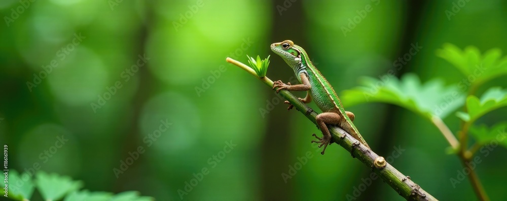 Lizard balances on a thin stem of a fern plant, forest, stem Lizard balances on a thin stem of a fern plant, forest, stem