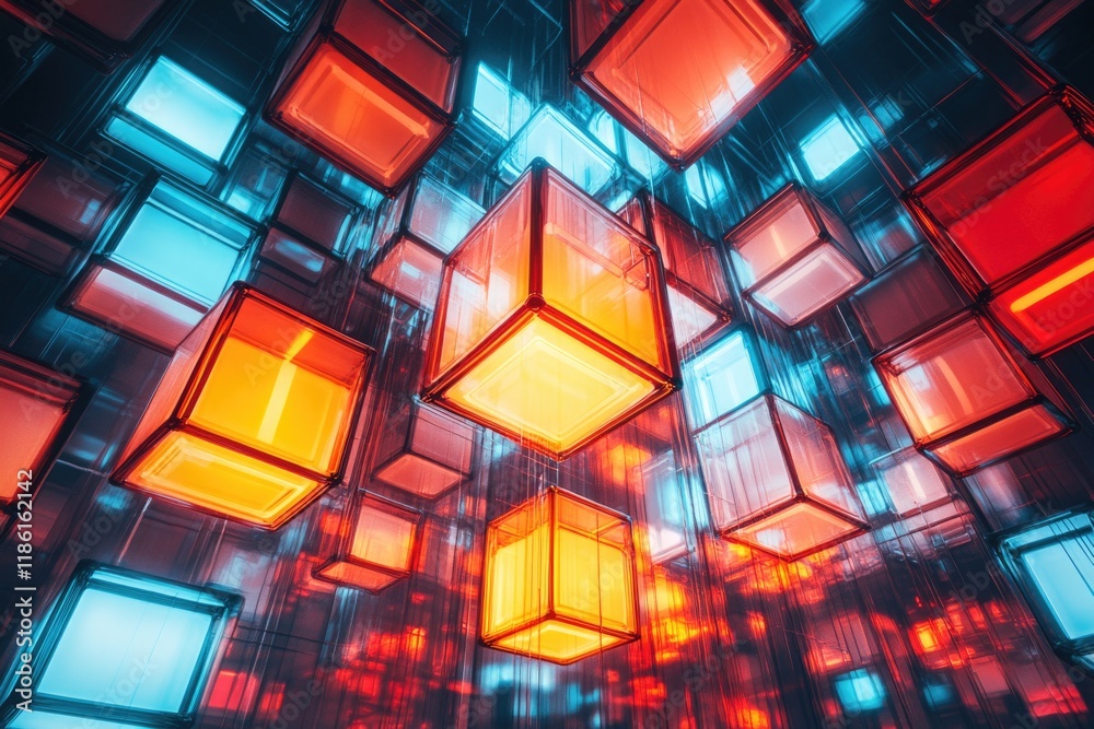Vibrant digital cube assembly in futuristic room with red and blue hues Vibrant digital cube assembly in futuristic room with red and blue hues