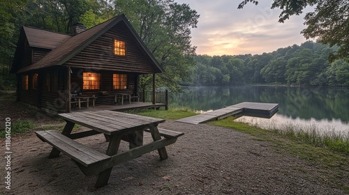 Tranquil cabin by the lake at sunrise surrounded by lush greenery