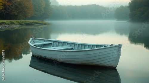 Serene early morning at the lake with a small boat floating peacefully on the...