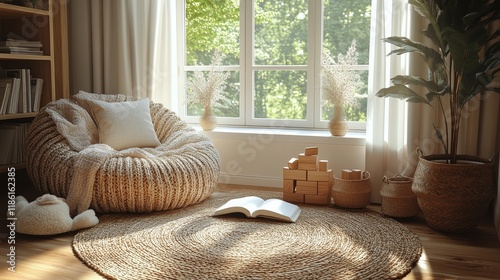 Soft teddy bear sitting next to a book and wooden blocks on a cozy bed by the...