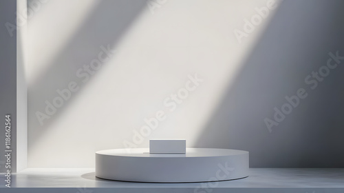 3D White Cylindrical Podium and Cube Pedestal with Clean Empty Wall Scene for Minimal Product Display and Stage Showcase. photo