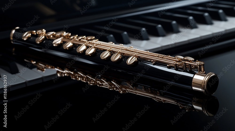 Naklejka premium Black flute with gold keys rests on a polished surface near a piano keyboard.