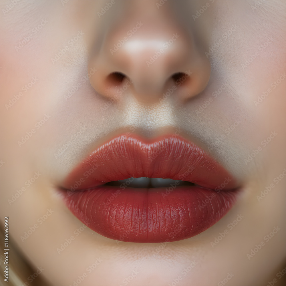 Obraz premium Close-Up of Young Woman's Beautiful Plump Lips with Nude Glossy Red Lipstick. Generative AI.