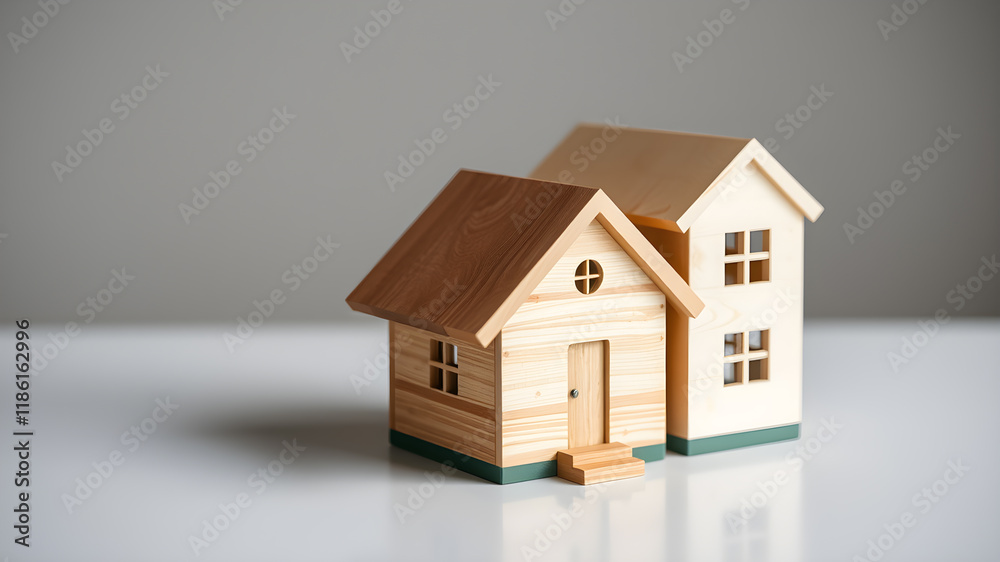 Toy wooden house on white background symbolizing home ownership space for text. Generative AI