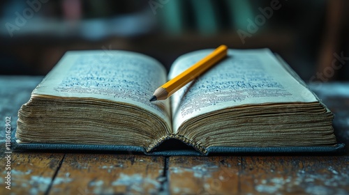 Open book on wooden table with pencil against a blue textured background