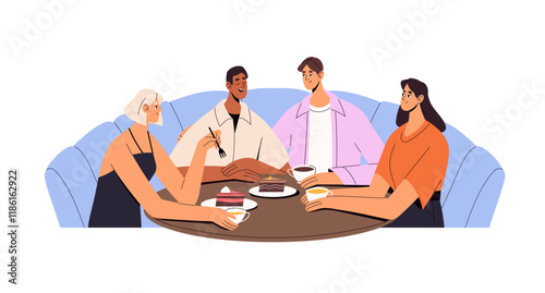 People meeting in cafe, communicate, eat food, desserts, drink tea, coffee. Friends sit at the table on sofa in coffeehouse. Two couples are at double date. Flat isolated vector illustration on white
