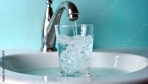 Water flows from chrome faucet into clear glass tumbler. Fresh water flows gracefully. Clean water, hygiene. Eco-friendly faucet. Water tap provides fresh water supply for drinking. Simple everyday