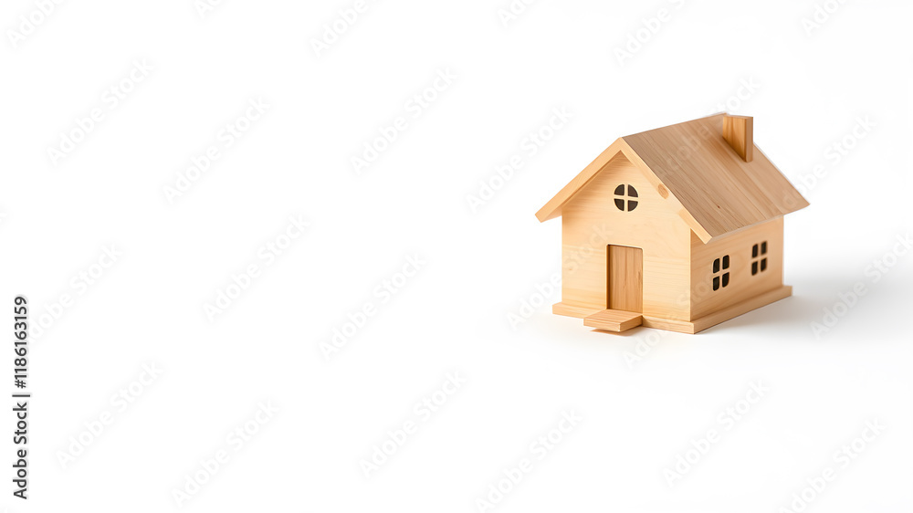 Toy wooden house on white background symbolizing home ownership space for text. Generative AI Toy wooden house on white background symbolizing home ownership space for text. Generative AI