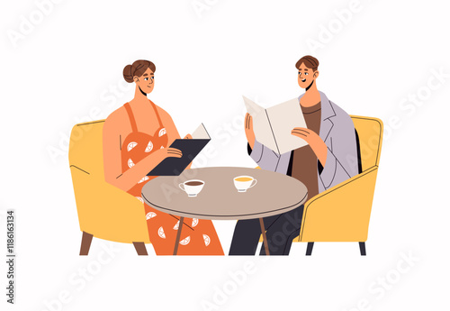 Couple with coffee cups sit at the table in restaurant. People in relationships are at romantic date. Man and woman choose eating in cafe menu. Flat isolated vector illustration on white background
