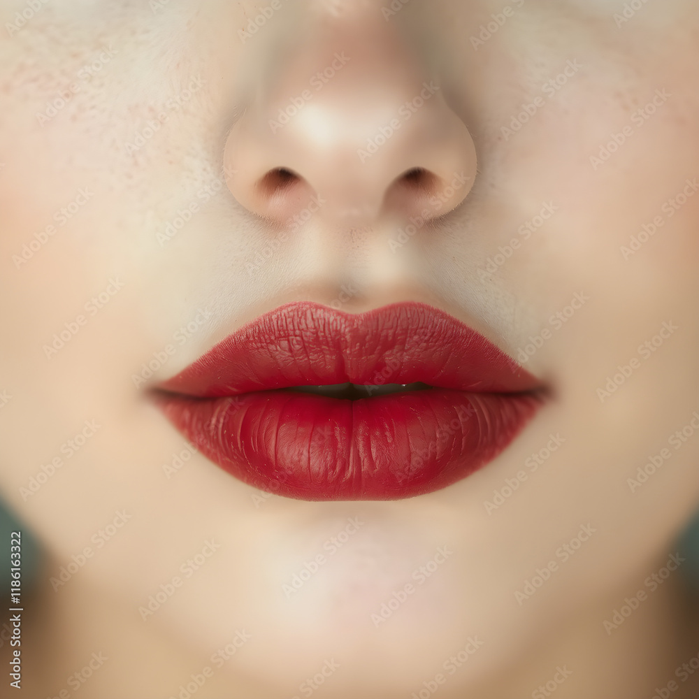 Fototapeta premium Close-Up of Young Woman's Beautiful Plump Lips with Nude Glossy Red Lipstick. Generative AI.