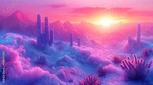 Zig-zag cactus ridges highlighted by a gentle neon gradient from pastel purple to aqua, with a soft amber haze, photo