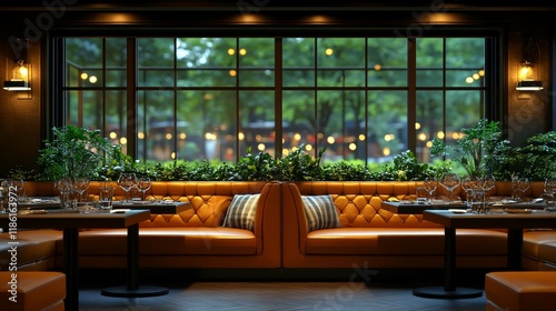 Elegant dining area with warm lighting and lush greenery in a modern restaura...